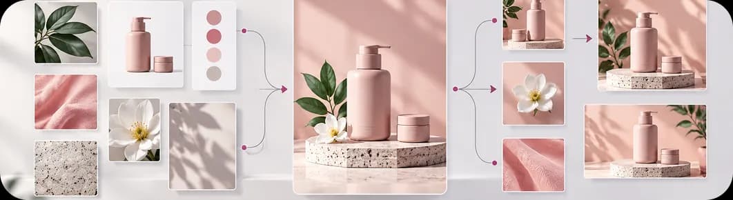 Skincare product workflow collage showing brand, product, and campaign visual connections