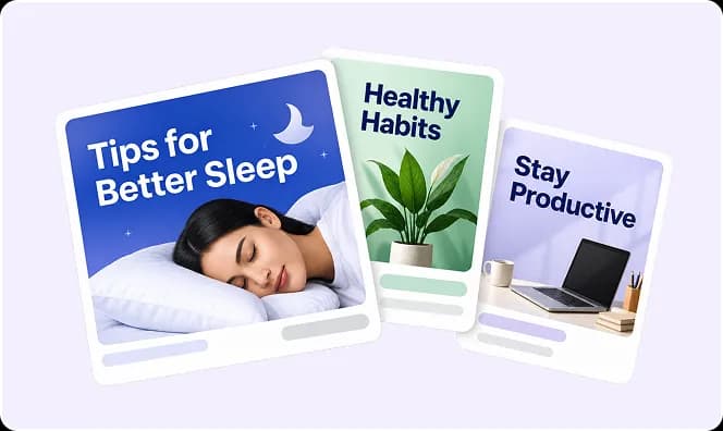 Social-style banner cards for sleep tips, healthy habits, and productivity