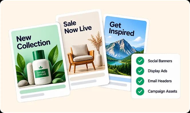 Campaign banner cards with social, display, email, and asset checklist