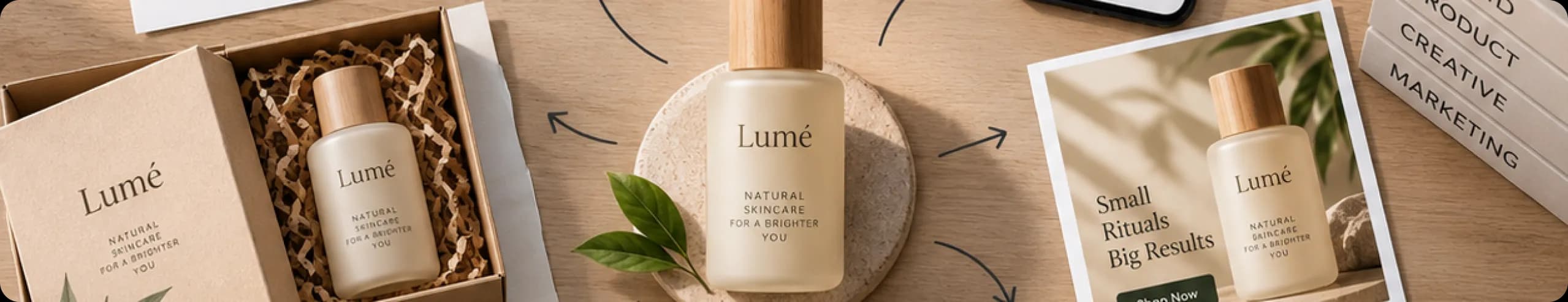 Lumé skincare product visual world — bottle, packaging, campaign card and product creative marketing books connected around the product