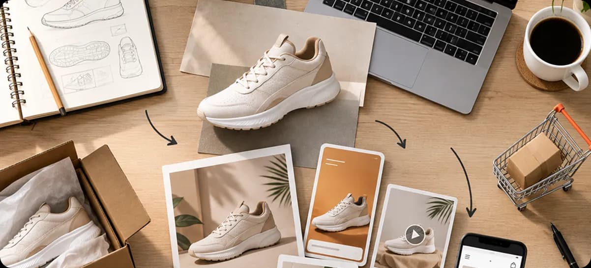 Product creative ecosystem — sneaker surrounded by sketches, photos, devices and shopping touchpoints
