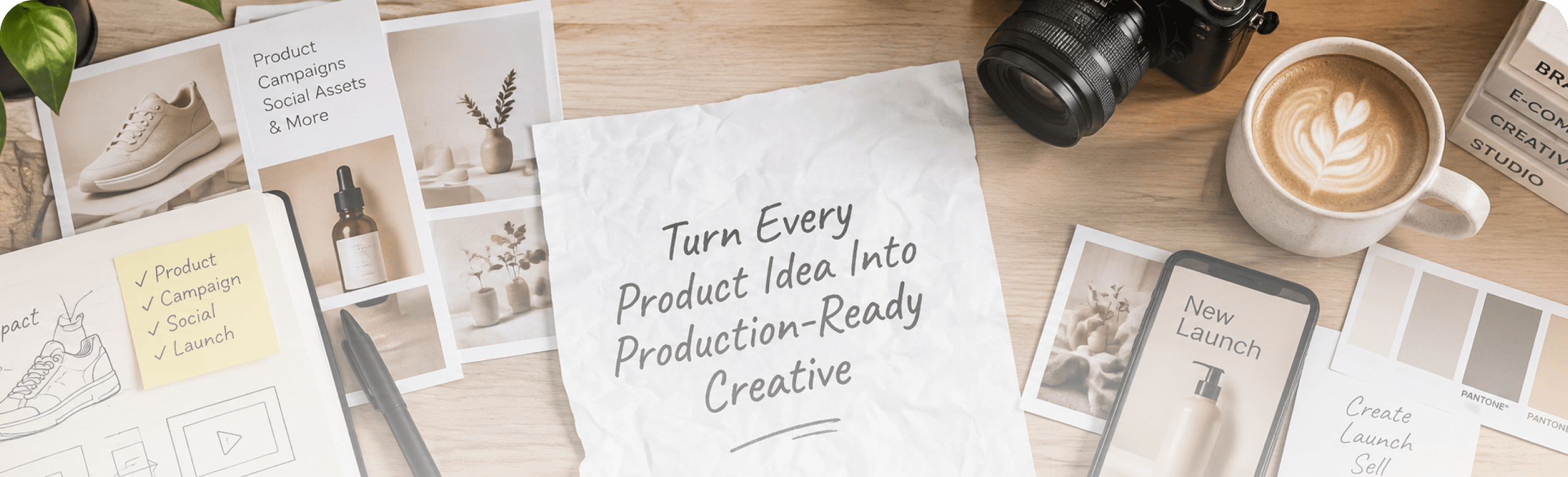 Turn every product idea into production-ready creative — ecommerce workspace flat lay