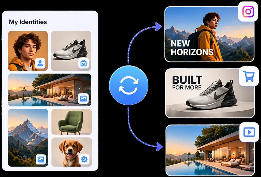 Saved identities synced into reusable creative outputs