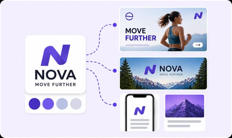 Brand assets expanded into website, social, and app mockups