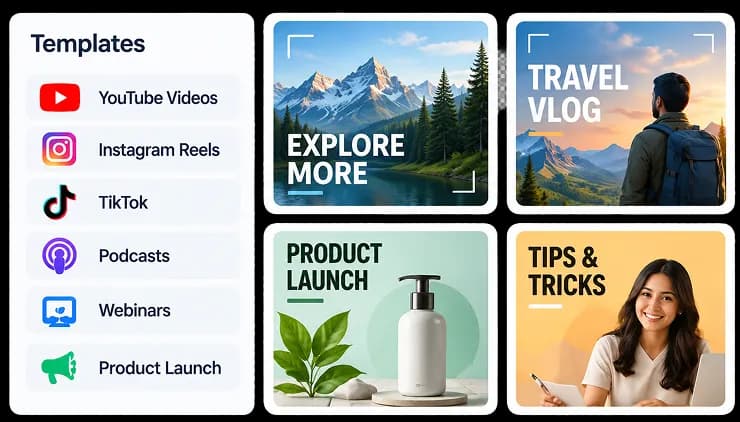 Thumbnail templates for YouTube, Reels, TikTok, and podcasts