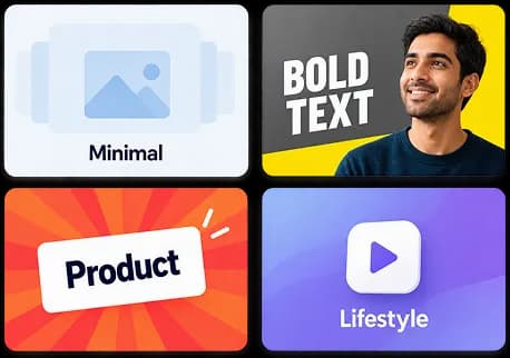 Thumbnail template layouts including minimal, bold text, product, and lifestyle