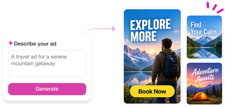 Describe your ad prompt flowing into generated ad creative previews