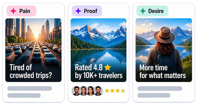 Pain, proof, and desire messaging angle ad examples