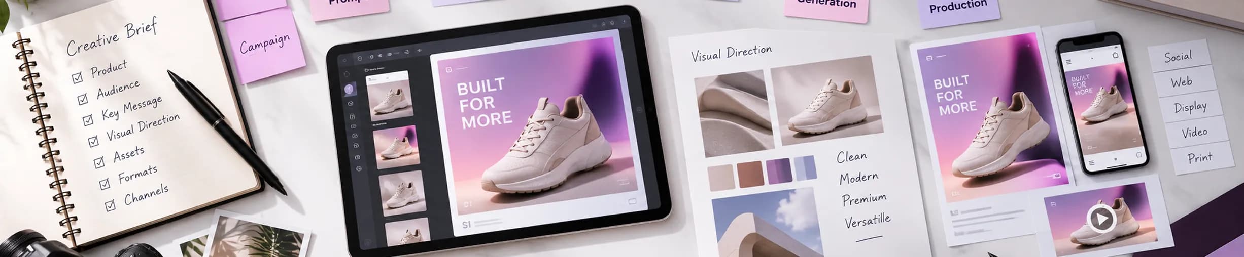 Creative brief, tablet workspace, and visual direction boards on a desk