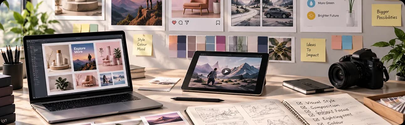 Creative desk with laptop, tablet, camera, sketches, and mood board wall
