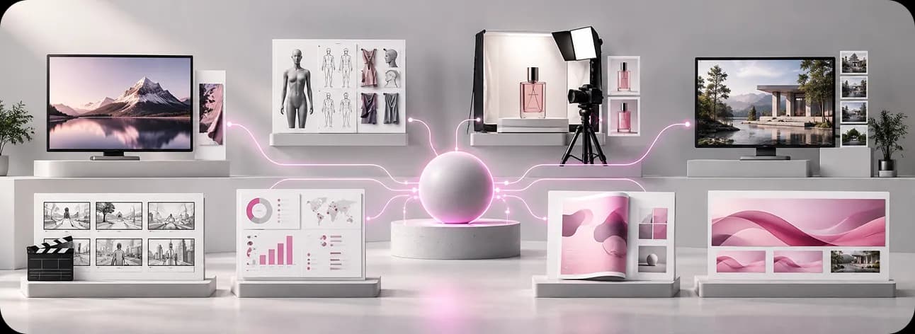 Central intelligence orb connected to specialised studio outputs across screens and creative assets