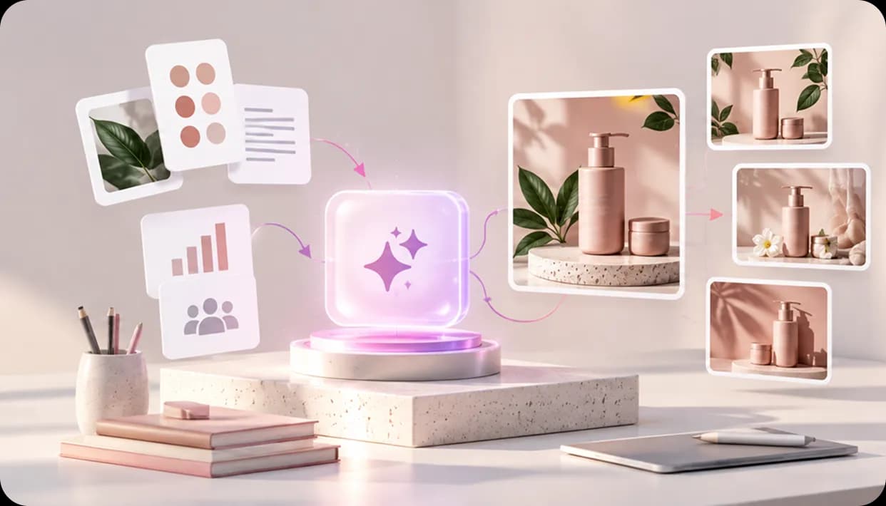 Creative workspace with AI spark connecting reference inputs to product campaign outputs