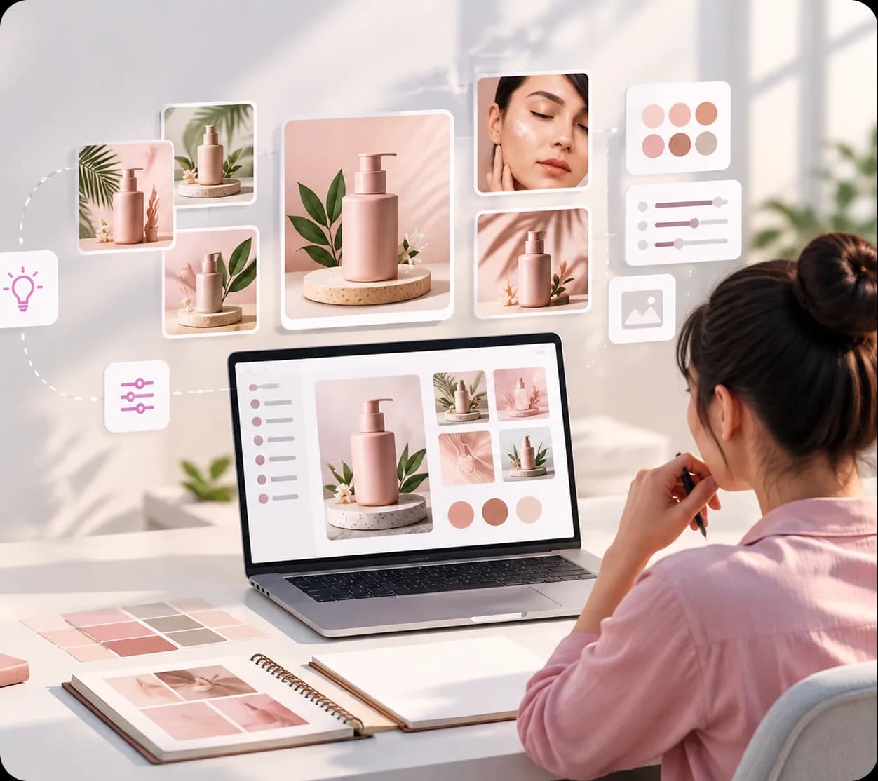 Creative professional exploring product visuals, color palettes, and campaign variations around a laptop