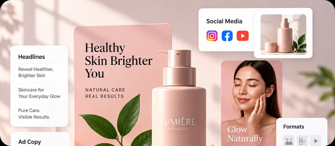 Lumière skincare campaign collage with product, lifestyle imagery, headlines, formats, and social placements