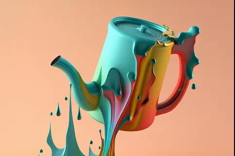3D render of a melting watering can with colorful liquid splashes