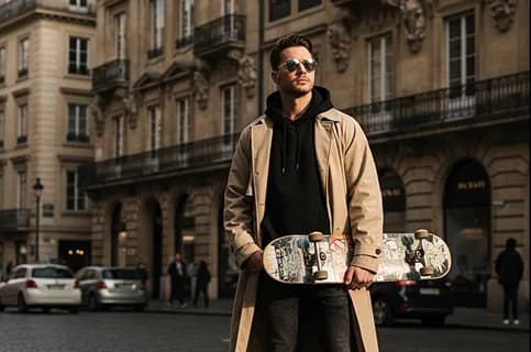 Street style photograph of a man in a trench coat holding a skateboard