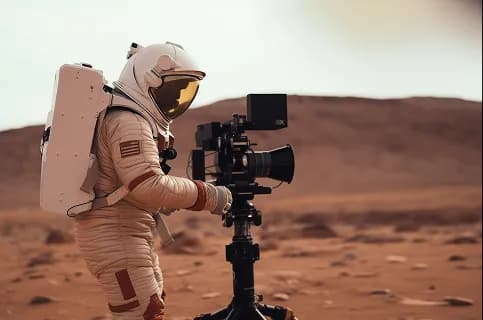 Astronaut with a camera on a Mars-like desert landscape