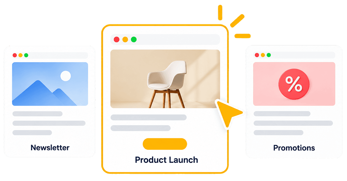 Choose an email type from digest, announcement, and story formats