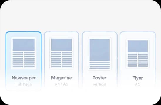 Print format selector for newspaper, magazine, poster, and flyer