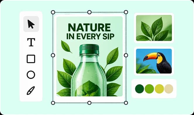 Print ad editor with Nature in Every Sip bottle layout